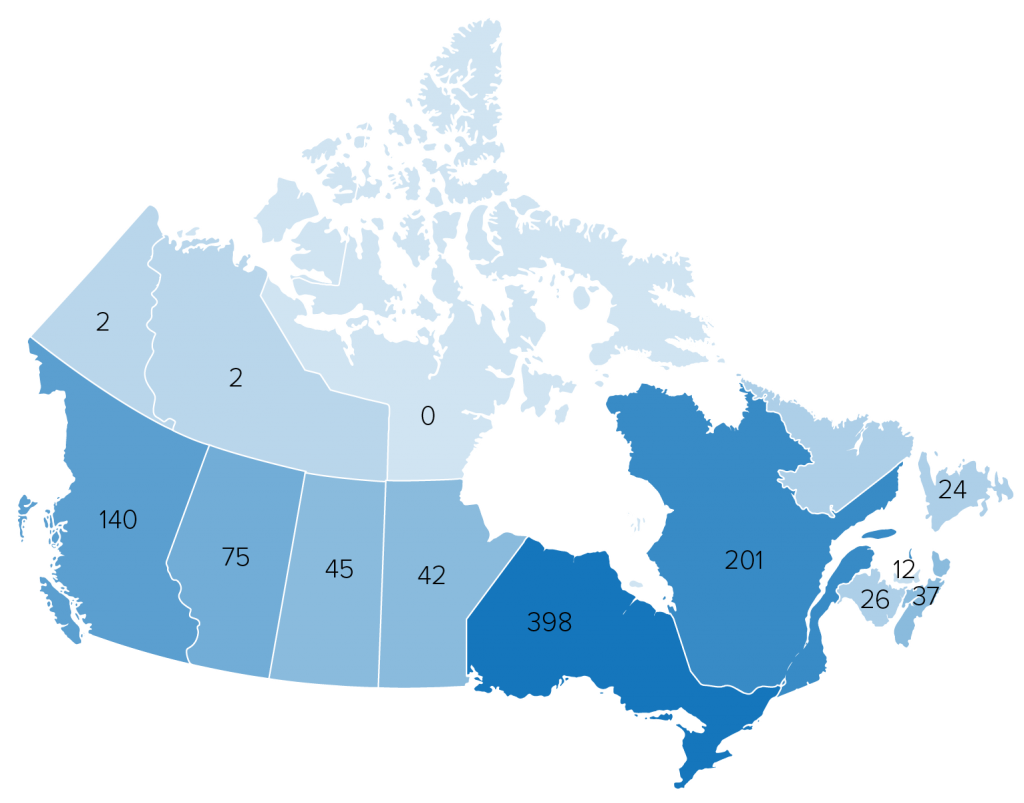 Map of Canada with the number of charities per province listed